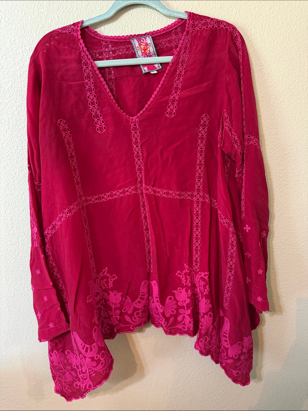 Johnny Was Boho Embroidered V-Neck Women's Top - Pink